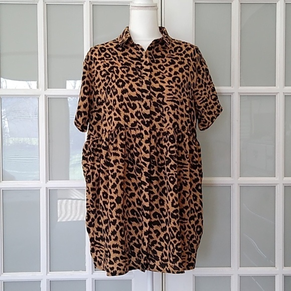 NWOT Missguided Brown Leopard Print Shirt Smock Mini Dress - Picture 4 of 16